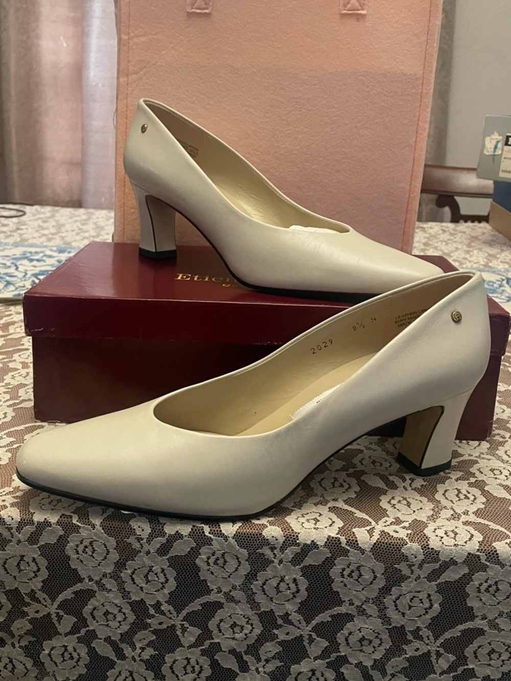 Etienne Aigner Ivory Leather Heels, size 8 1/2, never worn in box